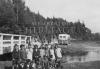 Photo of Noel Moore, Alfred Moore, Dave Moore and Gabriel Syliboy fishing,Trans Canada Orangedale Road, 1940's. (Dave Moore collection)